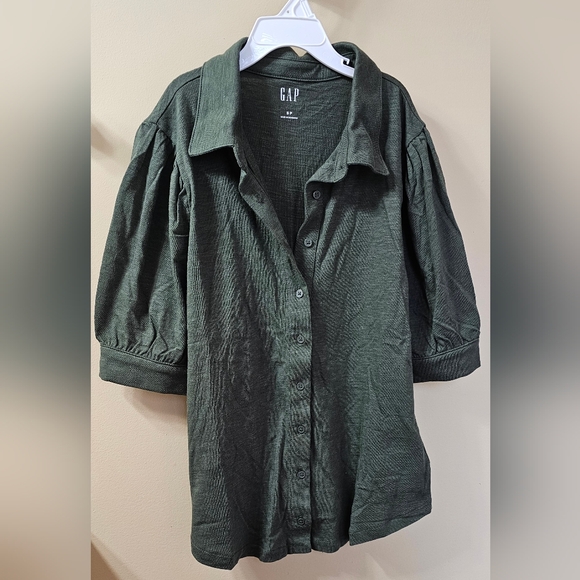 [NEW] Olive Green Puff Sleeve Button-Up Shirt - Picture 2 of 6